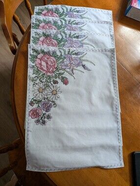 Set of 4 Vintage Hand-stitched Cross-Stitch Placemats